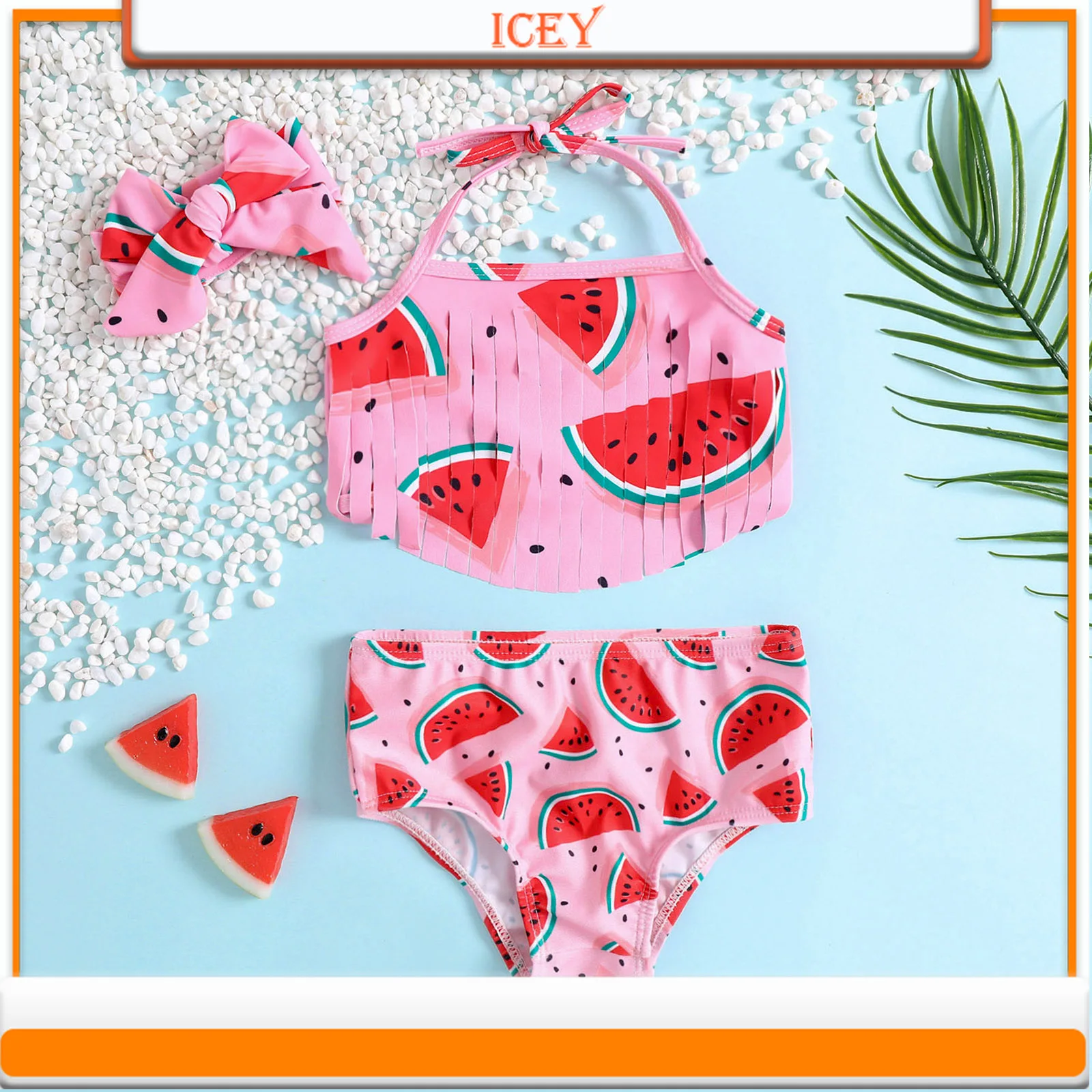 Cute Tiger Girls Swimsuit Wholesale Watermelon Print Tassel Sling Split 3-piece Set with A Cute Bow Tie