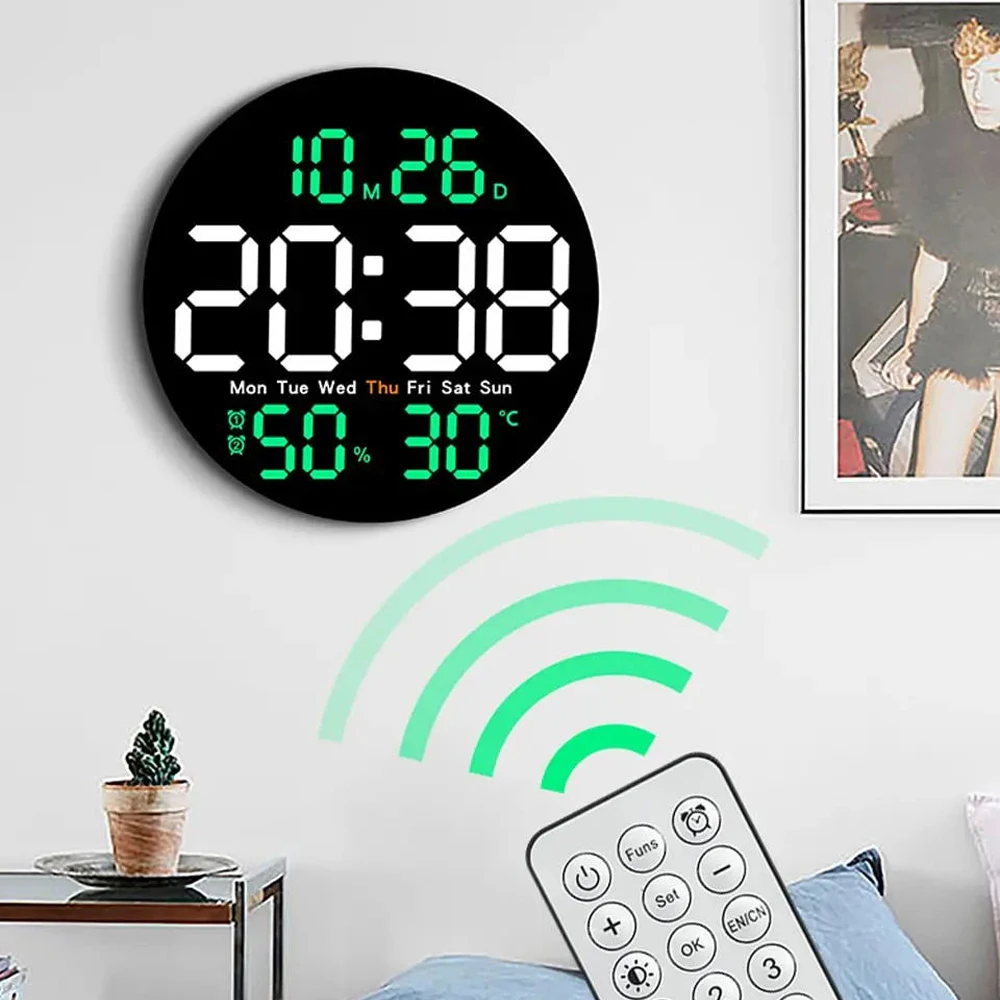 Remote Control 10 Inch Colorful Led Wall Calendar Clock for Home Decoration with Temperature Display and Dual Alarms