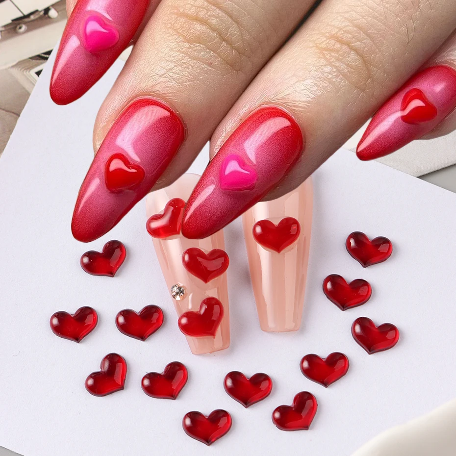 Breloques pour ongles en forme de cœur d'amour rouge 3D pour la saint-valentin, 100 pièces, pierres précieuses à fond plat de haute qualité pour décorations de manucure à faire soi-même
