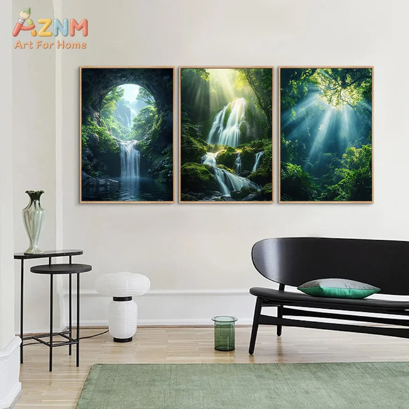 AZNM Lush Tropical Rainforest Canvas Wall Art Green Moss Waterfall Mountain Stream Nature Landscape Print Unframed Canvas Painti