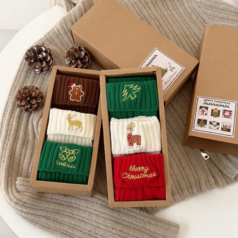 

3 Pairs Christmas Stocks for Women Autumn Winter Mid-Calf Socks Red New Year Cotton Socks with Cute Embroidered Cartoon Designs