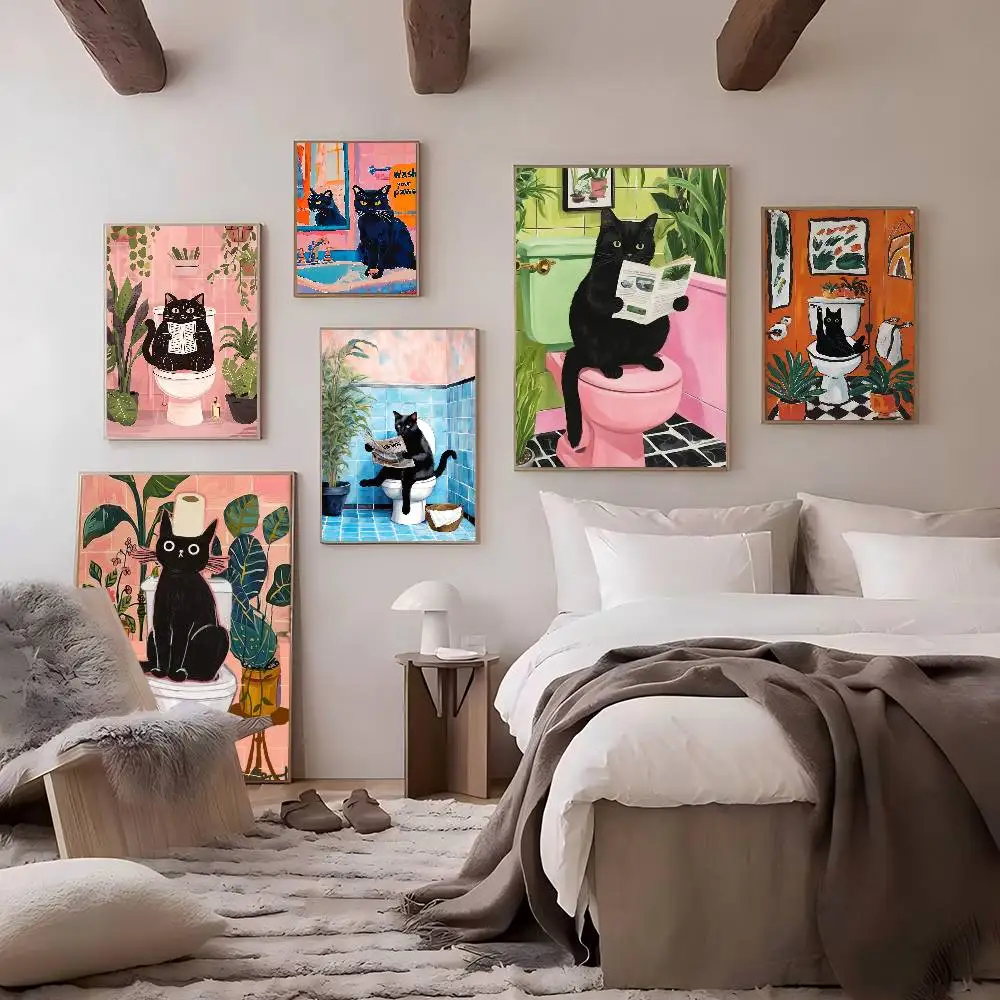 Black Cat on Toilet Bathroom Wall Art Matisse Vintage Posters Sticky Retro Kraft Paper Sticker DIY Room Bar Cafe Kawaii Room