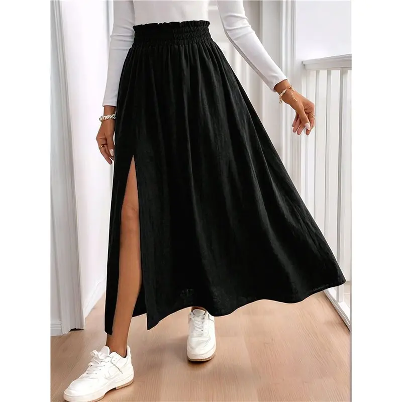 NEW-Women's Ruffle Elastic High Waist Textured Fabric Side Split Flowy A-Line Long Midi Casual Skirt