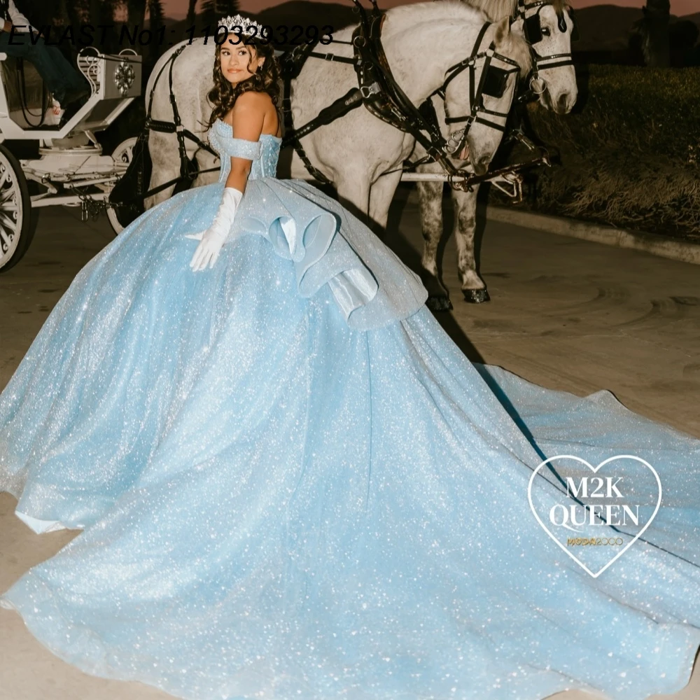 

EVLAST Customized Glitter Blue Ball Gown Quinceanera Dress Shiny Applique Beading Bow Corset Sweet 16 Vestidos De 15 Anos E1QN93