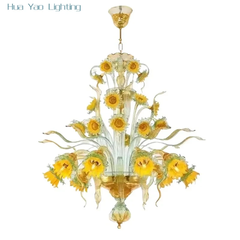 French Light Luxury Villa Medieval Living Room Bedroom Sunflower Handmade Glass Art Chandelier