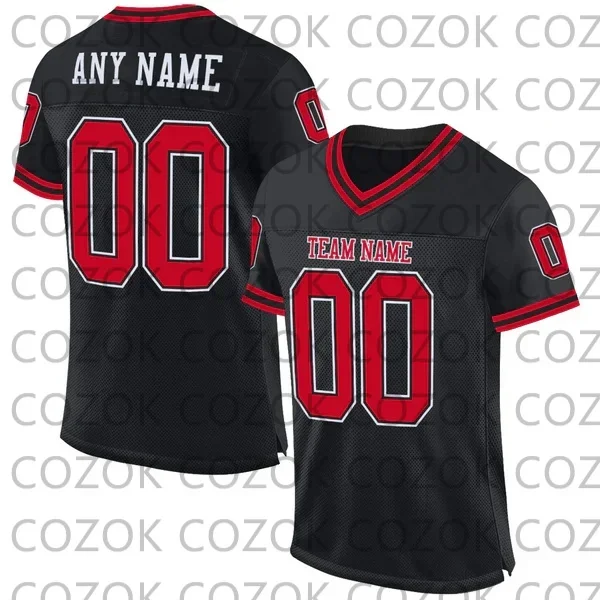 Custome Black Red Football Jerseys for Men Women Unisex Football Short Sleeves Athletic Tee Shirts