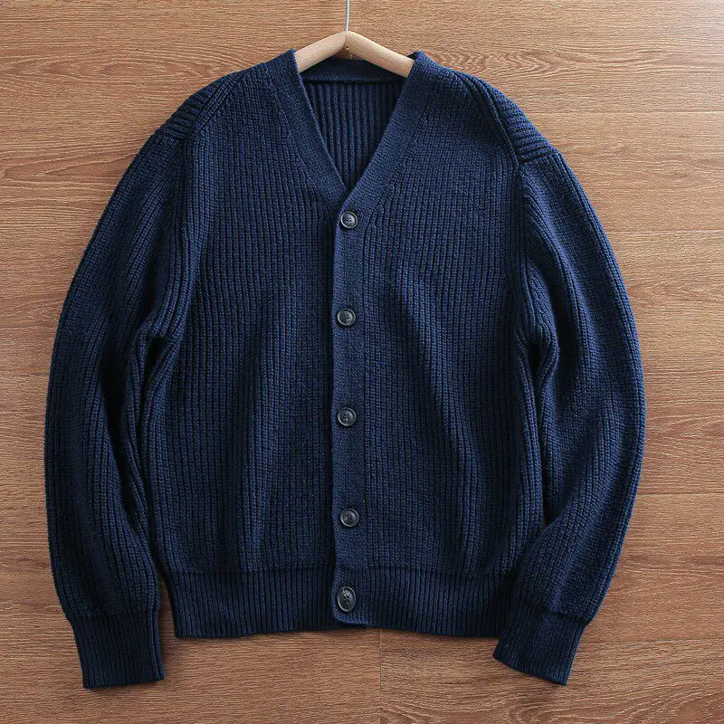High Quality 100% Sheep Wool Sweater for Men Winter Men's V-Neck Versatile Thick Chunky-Knit Cardigan Sweater