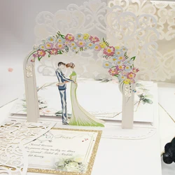 10 pieces 3D Pop Up Pearl White Wedding Invitation, High-end Tri-fold Pocket Heart Bride and Groom Greeting Invite Card IC167
