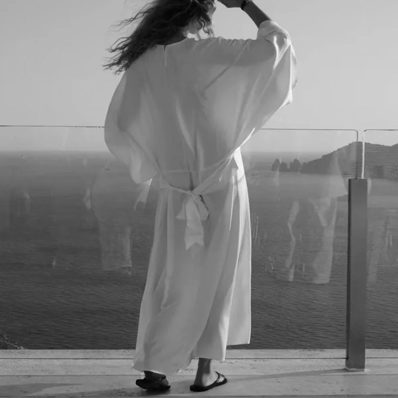 Sukienki damskie eleganckie z okrągłym dekoltem satynowe długie sukienki wiosenne codzienne jednolite sznurowane sukienki na imprezę jesienne luźne sukienki maxi z długim rękawem