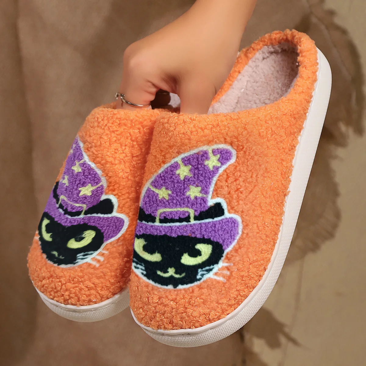 Ladies' Slippers Halloween Winter Orange Cat Indoor Home Plush Warm Slippers
