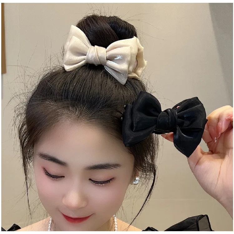 Large Tweed Bow Hair Claw Clip for Women Chunky Updo Hair Accessory Premium Simple Chic Beige