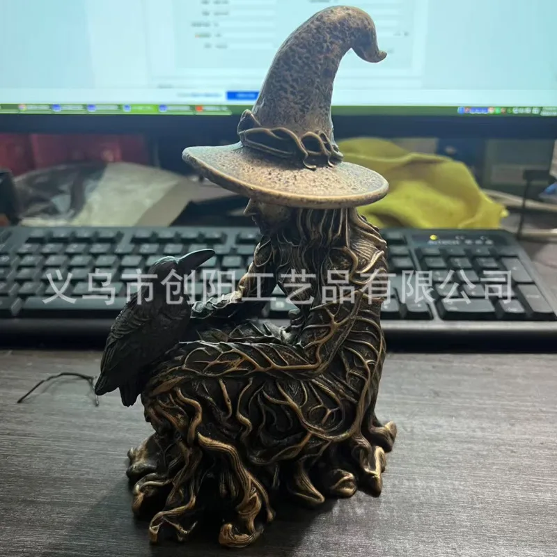 Witch Statue Halloween Resin Figurine Wizard, Sculpture Raven Candle Holder Vintage Home, Living Room Desktop Decor Ornament Gif