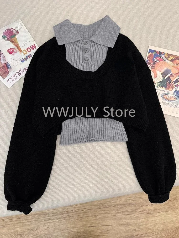 Woman Harajuku Knitted 3 Piece Set Spicy Girls Slim Vest + Black Short Tops + Y2k E-girls Mini Skirt Korean Fashion Suit Chic