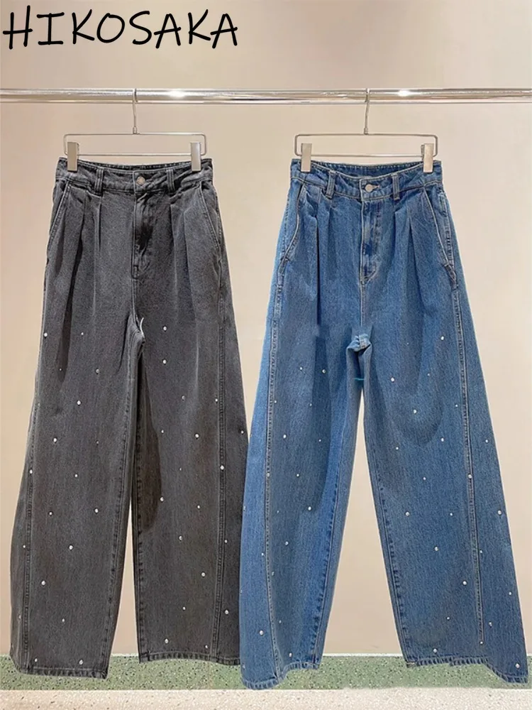 Japanese Casual Loose Wide Leg Pants Vintage High Waist Fashion Rhinestone Straight Jeans Women All-match Spring Summer Trousers