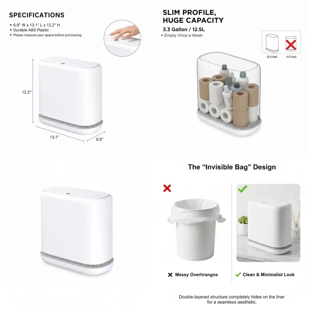 

Slim 3.3 Gallon Trash Can with Lid, Odor-Proof Bathroom Bin, Fits 4 Gallon Bags, Modern White Wastebasket for Nursery Use