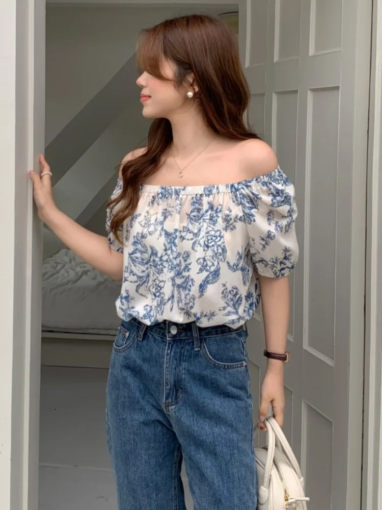 Doce sle blusa com estampa de marca de água oulder bared bubble sve feminino irt commute versão coreana corte reto ort sve