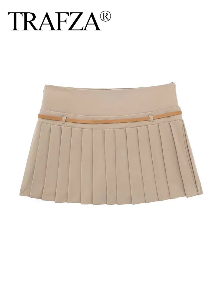 TRAFZA 2024 Summer Woman Fashion Wide Pleats Culottes Slim Short Skirt Female Belt Chic Wild Preppy Style Women\'s Mini Shorts