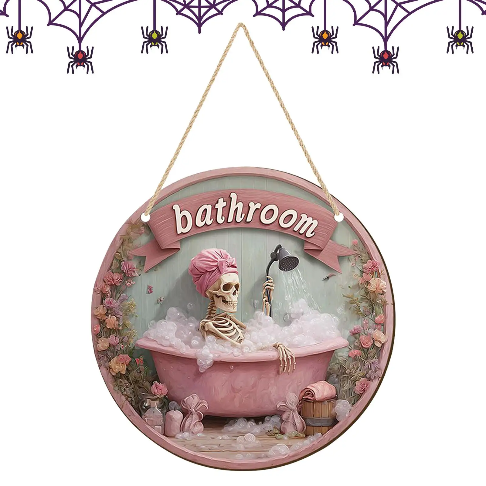 Front Door Skeleton Sign Halloween Door Sign Wooden Decor Round Hangable Plate Scene Props For Mantel Farmhouse Bedroom Haunted