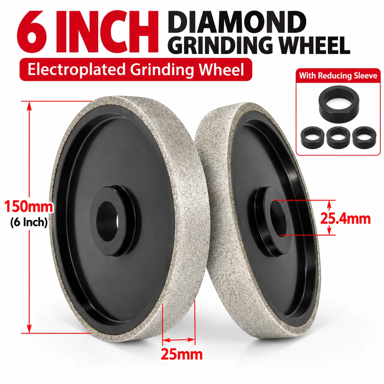 6 Inch Diamond Grinding Wheel 150x25x25.4mm Electroplated Parallel Grinding Disc Reducing Sleeve for Jade Carbide Alloy Steel