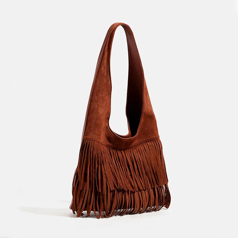 

Autumn and winter fashion tassel hand shoulder bag women's trend 2K Korean punk style design frosted bucket handbag and wallet