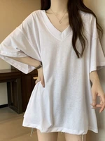 Loose V-Ne ort Sve T-irt Women Summer Design plus Size Casual Slimming Lazy Sle Mid-Length Fat MM Women's Top