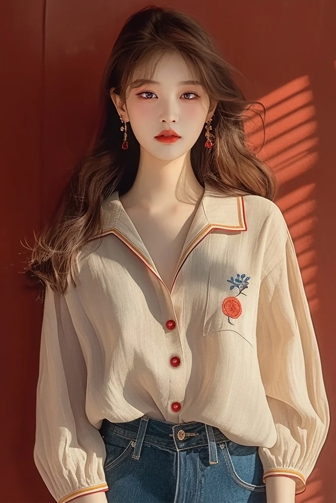 

Autumn New Style Shirt Chic Apricot Long Sleeved Blouse for Women