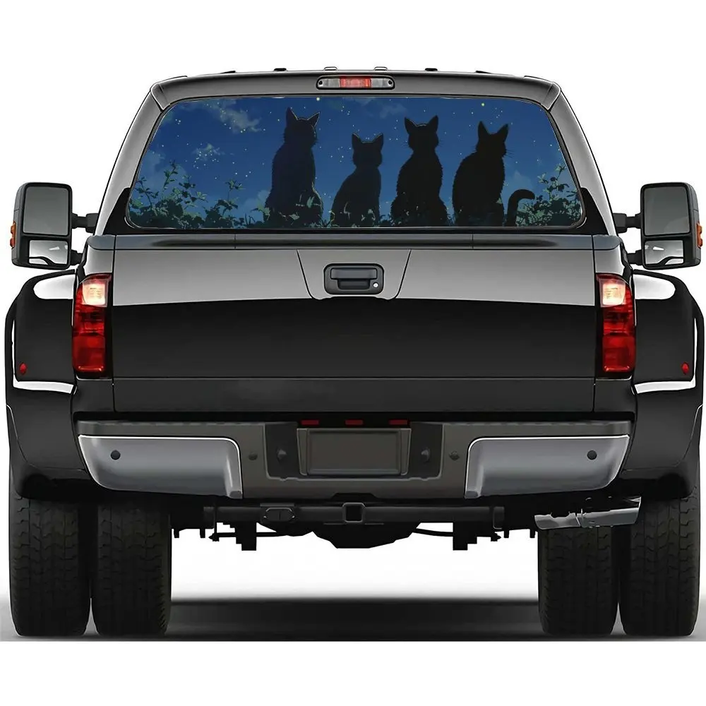 

Black Cats Sitting in A Row Under The Starry Sky Patterns Car Rear Windshield Sticker Truck Window See Through Perforated Back W