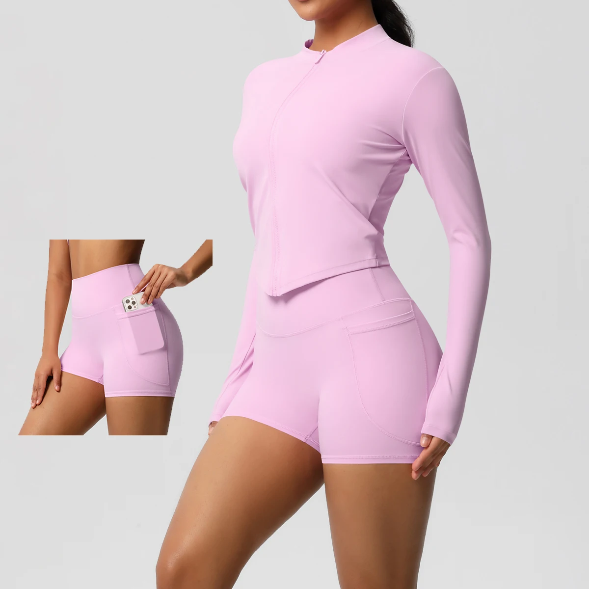 

Yoga Sets With Pocketed Sports Fitness Hip-lifting Tight Zipper Jacket Yoga Suit Running Workout Gym Shorts Tracksuits Sports