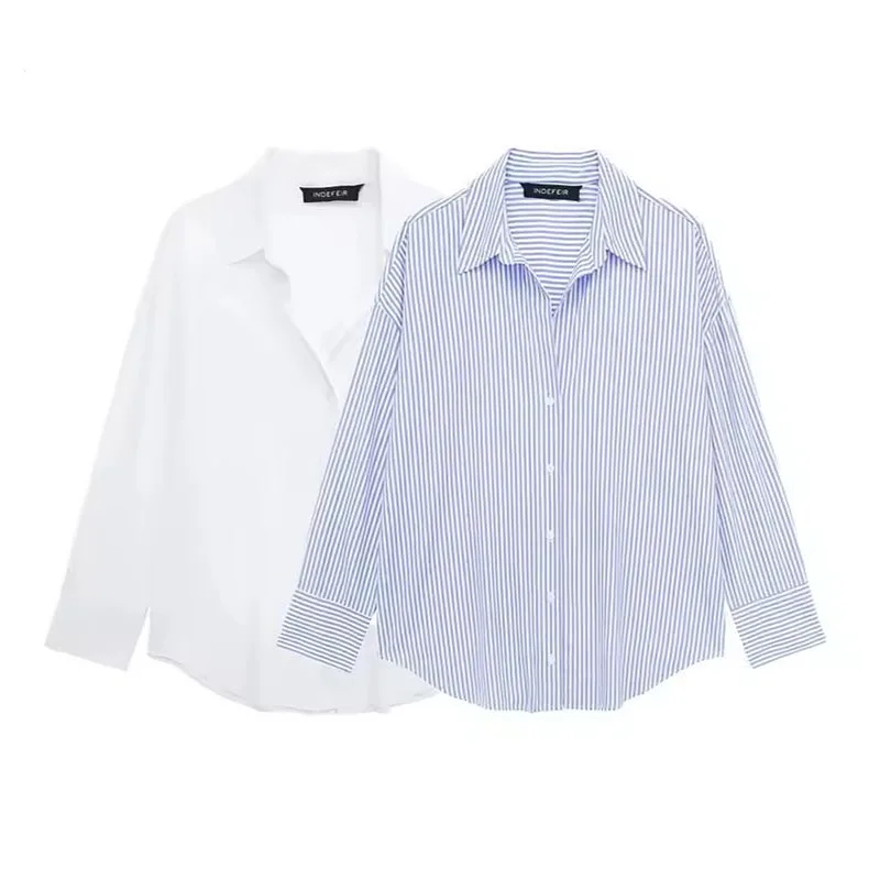 

2024, весна-лето, женские элегантные рубашки с длинными рукавами и лацканами, полосатые блузки с v-образным вырезом, повседневные свободные офисные женские однобортные топы