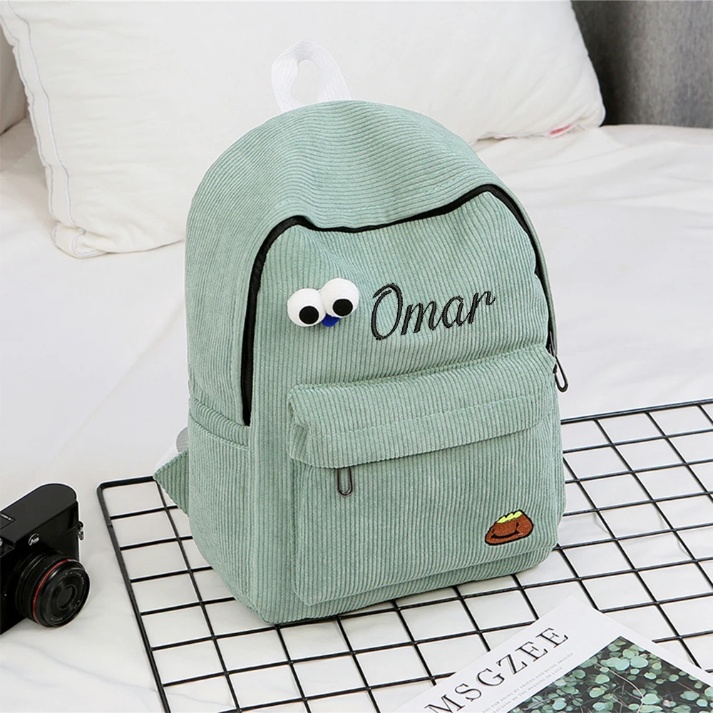 Corduroy Backpack Custom Embroidered Name Middle School Student Cute Retro Campus Backpack Personalized Girl Outdoor Gift Bag