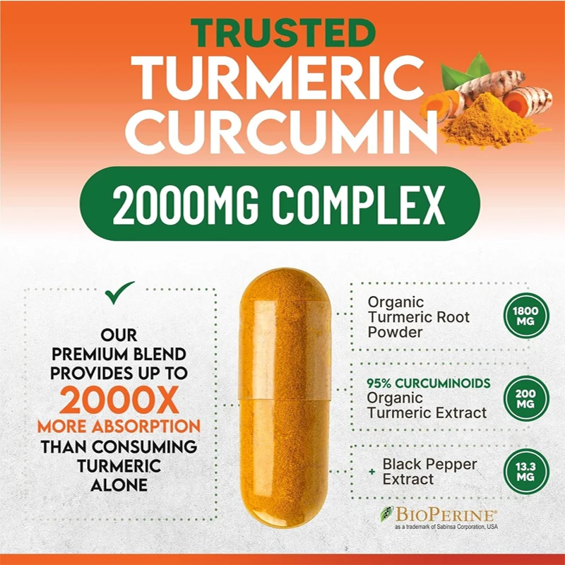 Turmeric Curcumin Supplement 2000mg - Natural Joint and Immune Support and BioPerine Black Pepper, Non GMO