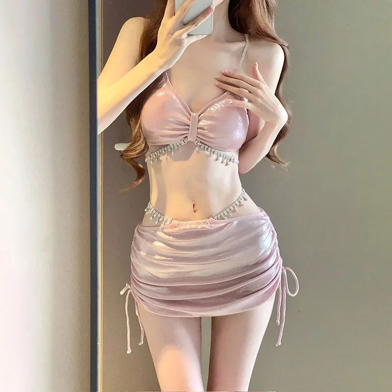 2025 Nuevo bikini de tres piezas para mujer - Traje de baño dividido sexy de gama alta con diamantes de imitación Traje de baño de aguas termales para vacaciones en la playa con cubierta