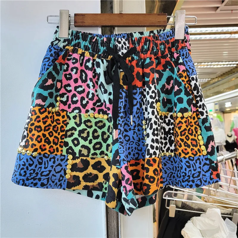 

2023 summer new patchwork beaded drawstring shorts for women elastic waist loose wide-leg leopard shorts female fashion bottoms