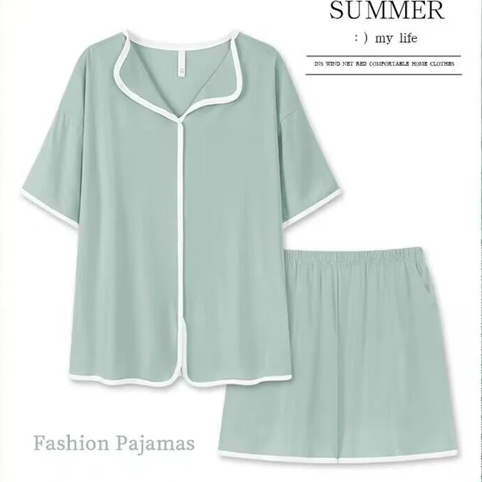 Zomer Vrouwen Katoenen Pyjama Set Korte Mouwen Broek Twee Stukken Thuis Pakken Vrouwelijke V-hals Zachte Casual Nachtkleding Eenvoudige Loungewear