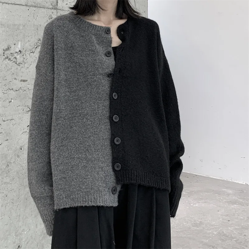 HKSH Autumn Winter New Women Tide Spliced Asymmetric Sweaters Trendy Niche Chic Casual O-Neck Knitted Cardigan Coats Ins HK12648