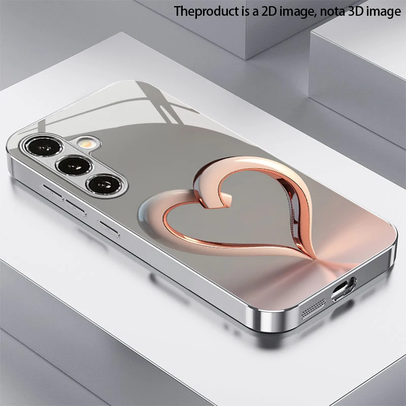 Rose Heart Pattern 2D Phone Case for Samsung S26 S25 S24 S23 S22 S21 S20 A56 A36 A16 - Electroplated Glass Protective Cover