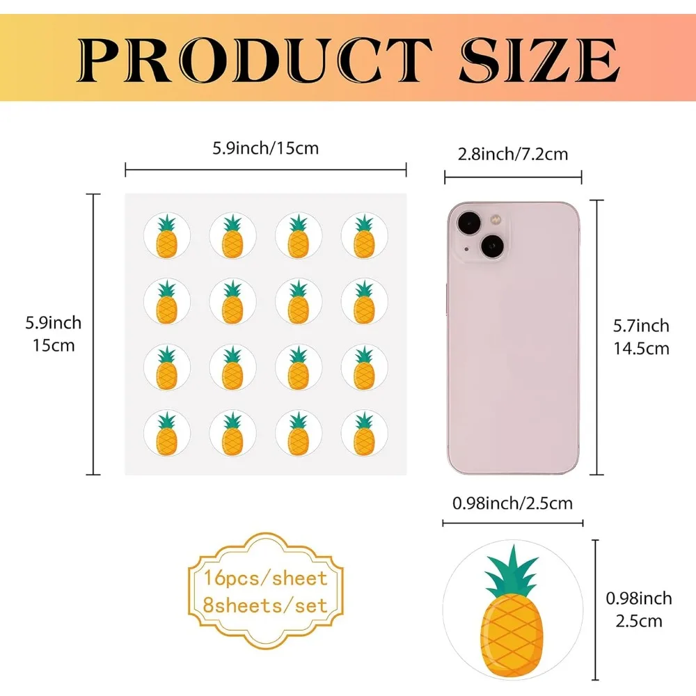 128Pcs Pineapple Stickers Fruit Decal Self-Adhesive Waterproof Sticker Round Bulk Cartoon Yellow Stickers for Water Bottles