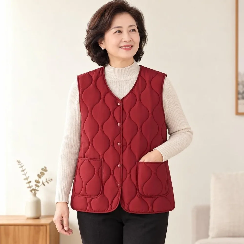 Versatile Snap Button Women's Vest Sleeveless Warm Cotton Fill Cotton Vest Plus Size Loose Waistcoat Casual Daily Wear