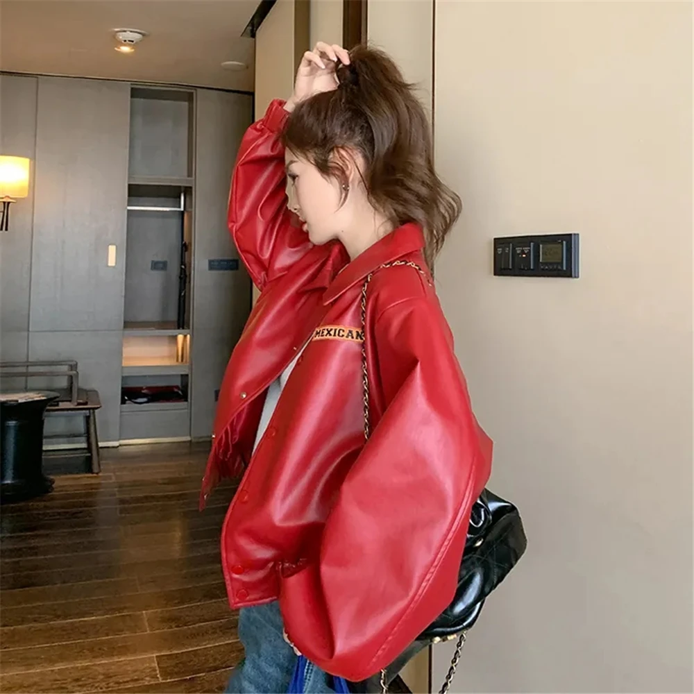 Y2K2024 Spring And Autumn Women\'S New Fashion Leisure Commuter High Street Red Coat Loose Motorcycle Leather