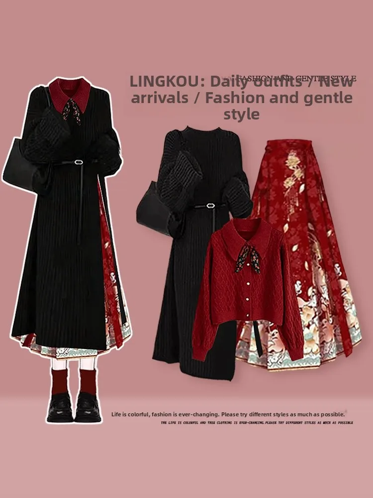 Cisas rode gebreide trui set dames Ele Base irt nieuwe Chinese Sle Tail rok plus maat tee-delige set