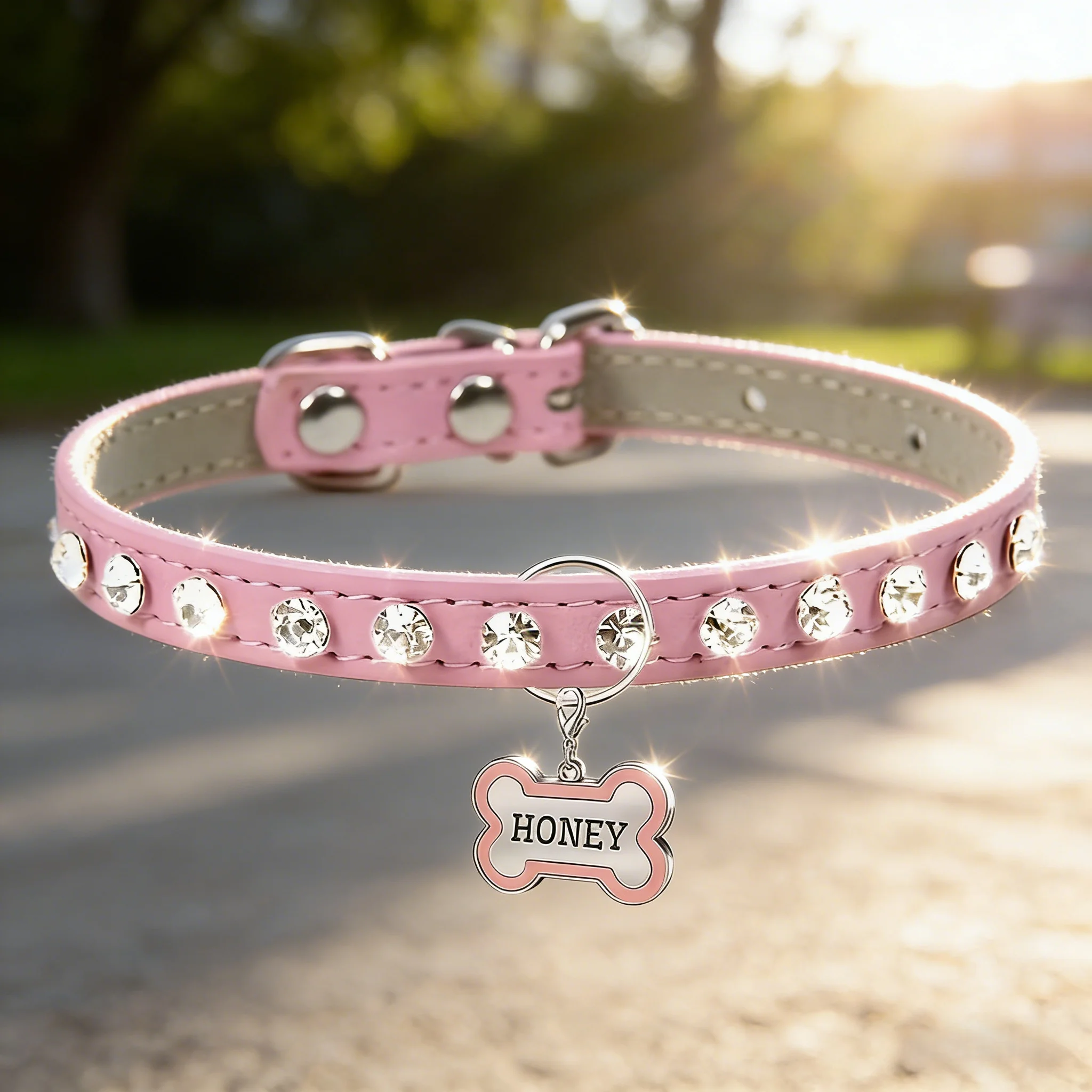 Luxuriöses Rosa Diamant-Hundehalsband mit Gravur-Hundemarken zur Verhinderung von Haustierverlust, Exquisites Zubehör für Kleine und Mittelgroße Hunde
