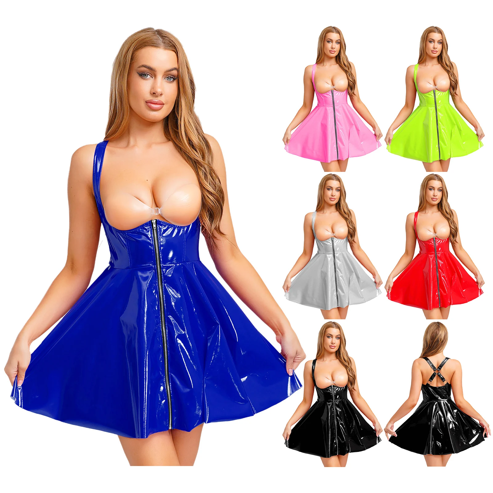 ผู้หญิงโกธิค Punk PU หนังเซ็กซี่ตัดแขนกุดมินิกลับสายรัดดูเปียก Glossy Clubwear สําหรับคอสเพลย์ฮาโลวีน