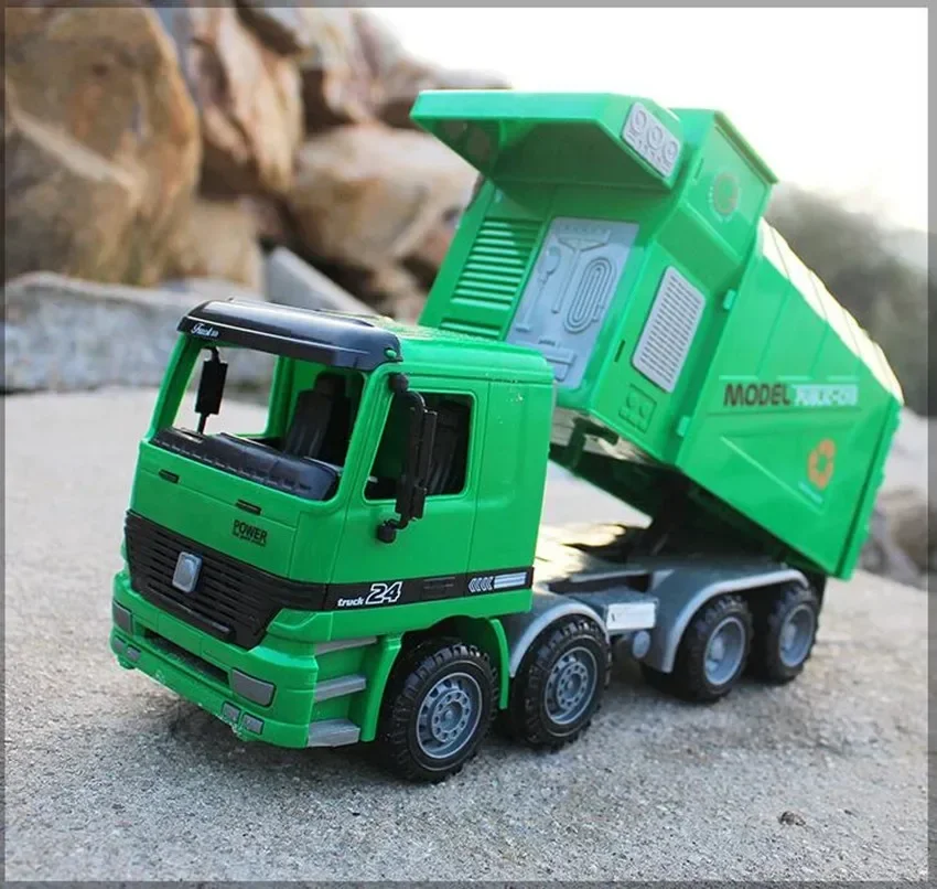 [Gift] Big Size Side Loading Garbage transfer car tricolor green trash traffic sanitation Truck Can Be Lifted With 3 Rubbish Bin