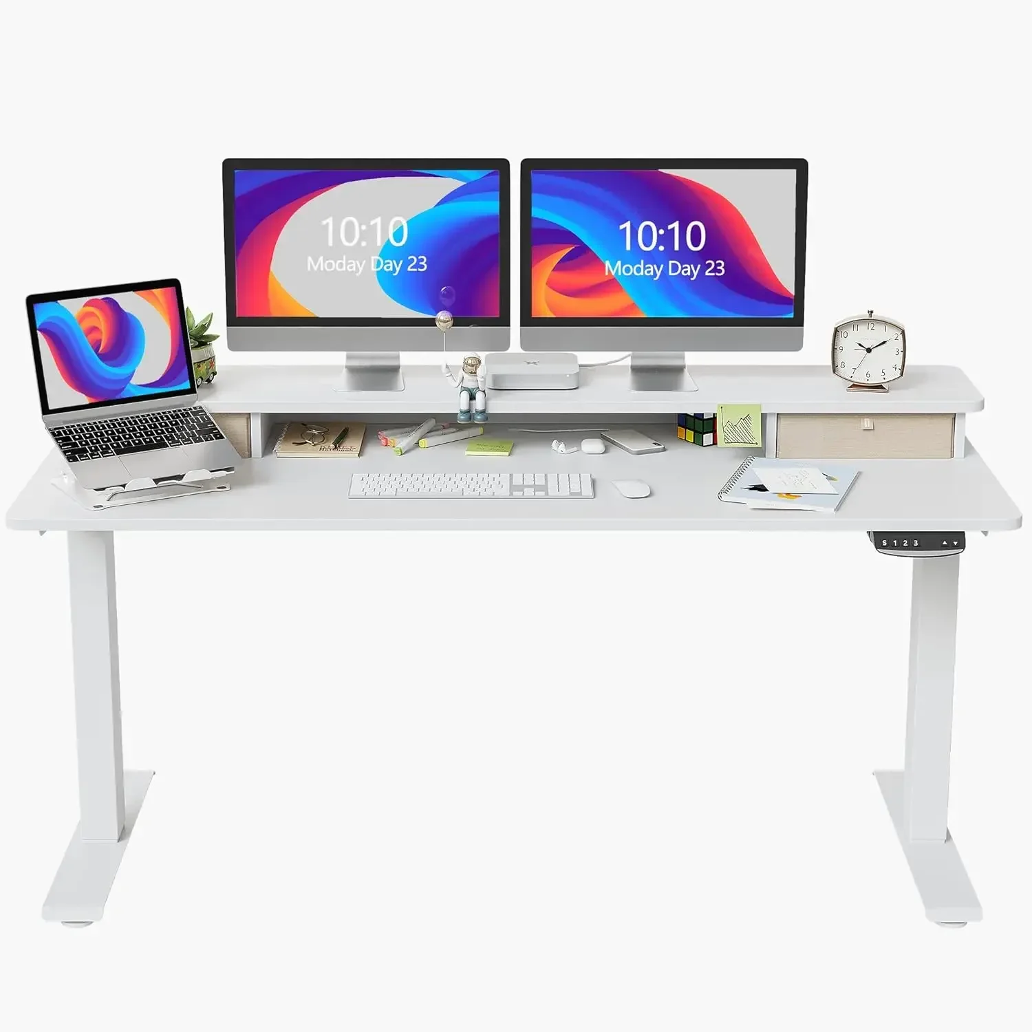 60 x 24 Inch Height Adjustable Electric Standing Desk with Double Drawer, Stand Up Desk with Storage Shelf