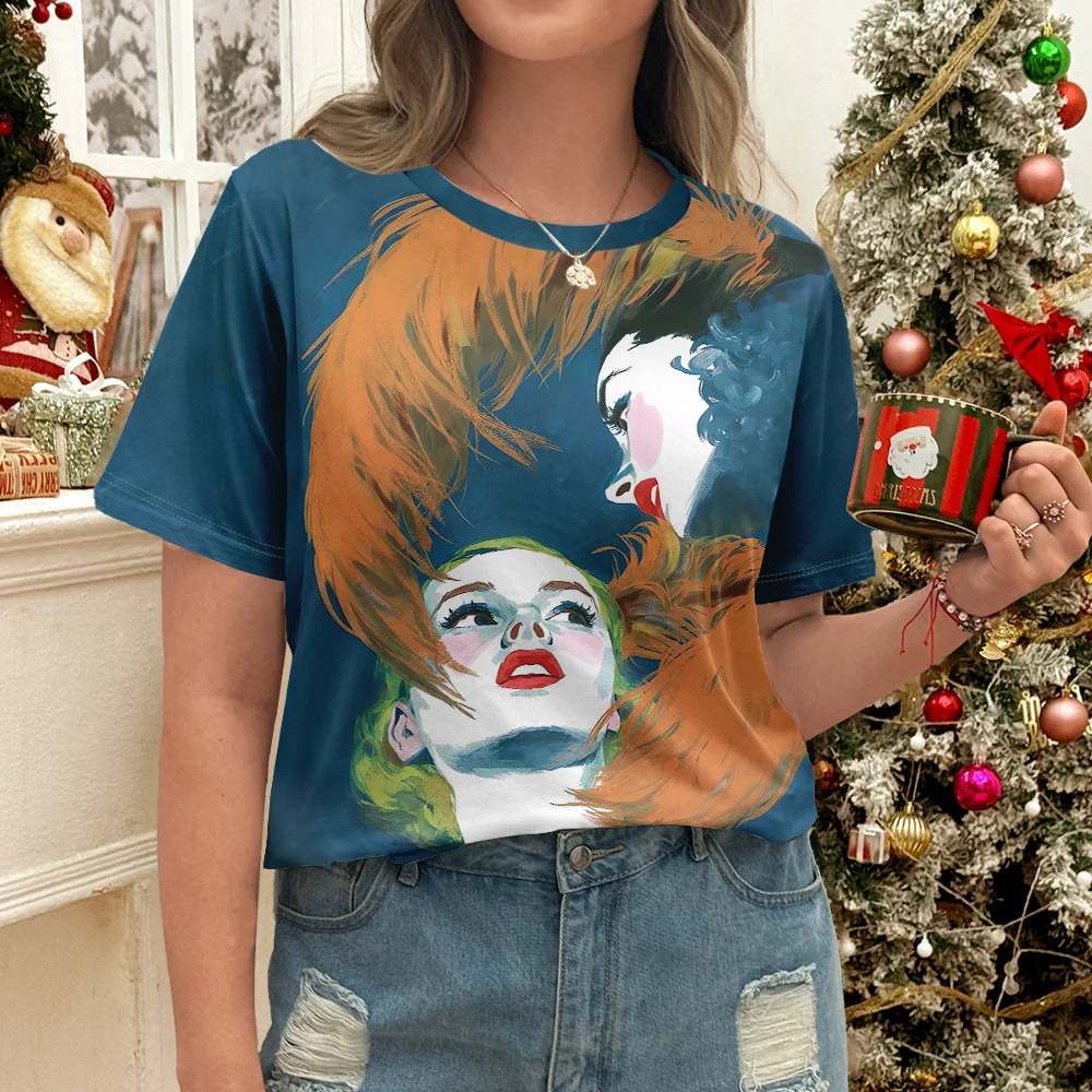 Camiseta con estampado de retrato femenino artístico azul naranja para mujer - Estilo artístico de ensueño informal de verano de manga corta