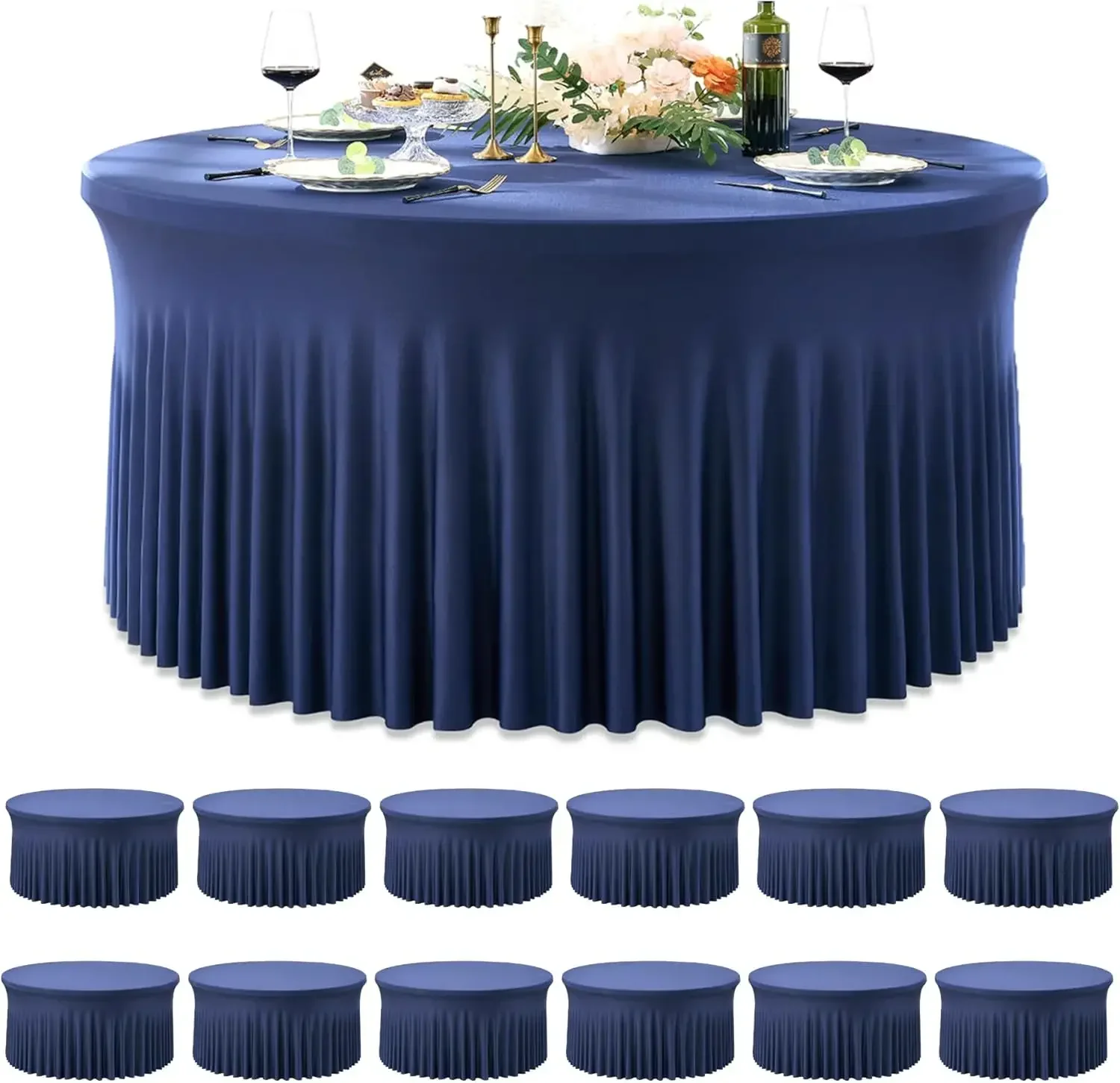 

6 Pack Navy Blue Spandex Round Tablecloths for 72 inch Table, Wrinkle Free Stretchy 132inch Fitted 6FT Round Table Cloths Cover