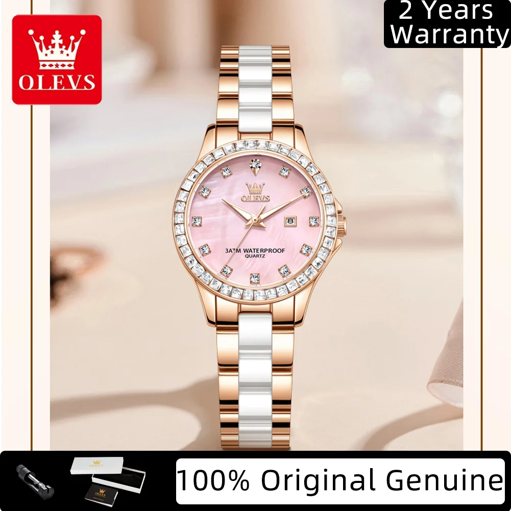 OLEVS Watch for Women Elegant Luxury Ceramics Steel Strap Diamond Bezel Waterproof Luminous Calendar Original Quartz Wristwatch