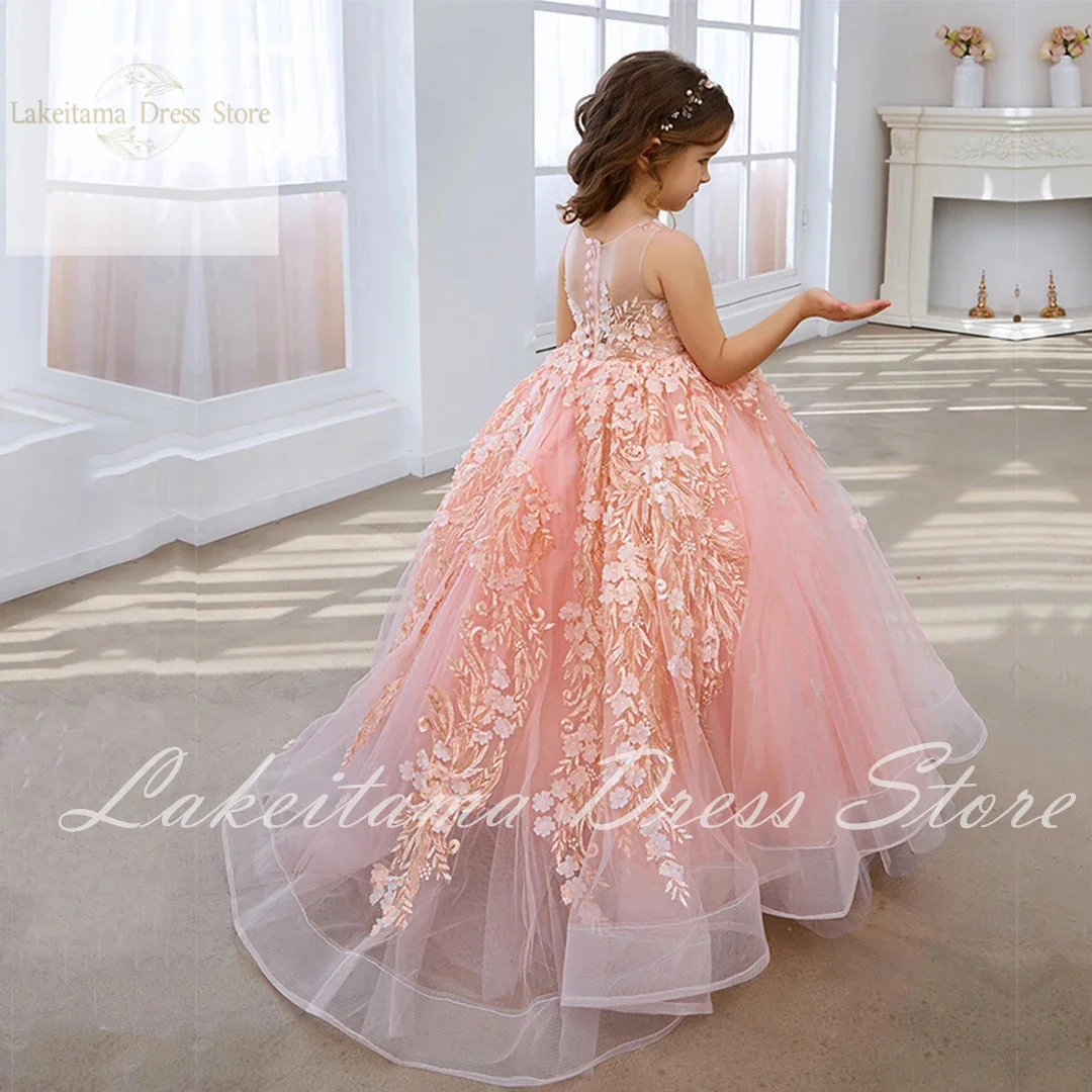 Pink Princess Flower Girl Dresses For Wedding Luxury Applique Lace Tulle Beauty Pageant Kids Birthday Party Ball Gowns