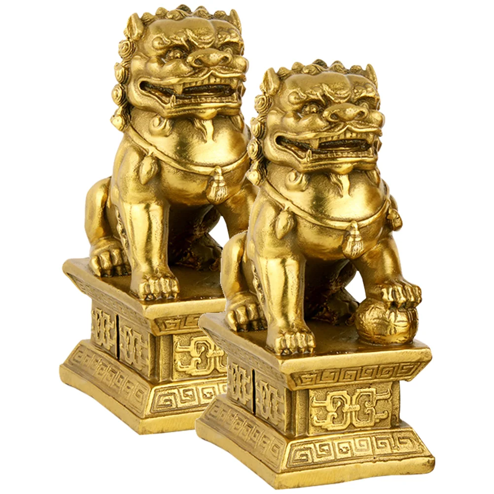 

2 Pcs Decoration Lion Statues Home Ornaments Tabletop Chinese Style Figurine Golden Resin Crafts Office