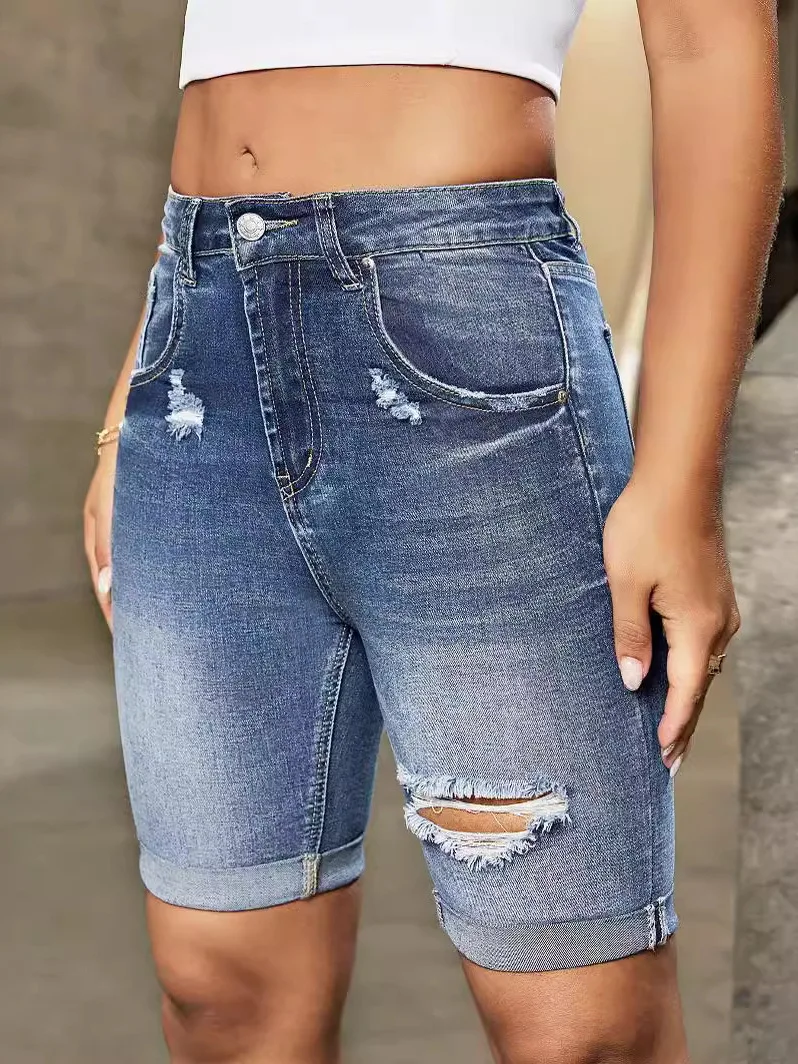Faionable Ripped Slim Fit Denim Orts Damen Five-Viertel Casual Cotton Orts Sli Hole Design Bequem Mittelelastisch